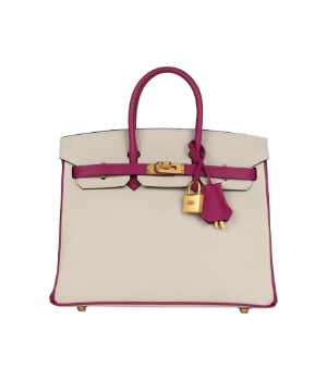 Hermès Birkin Sellier 25 Craie and Rose Pourpre Epsom Brushed Gold Hardware