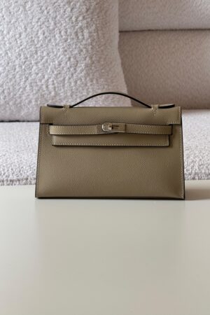 Hermes Kelly Pochette Clutch in Etoupe Swift Leather