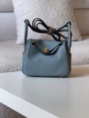 Hermès Mini Lindy II bag in Bleu Glacier Clemence leather