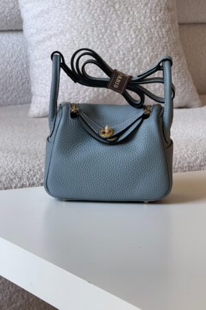Hermès Mini Lindy II bag in Bleu Glacier Clemence leather
